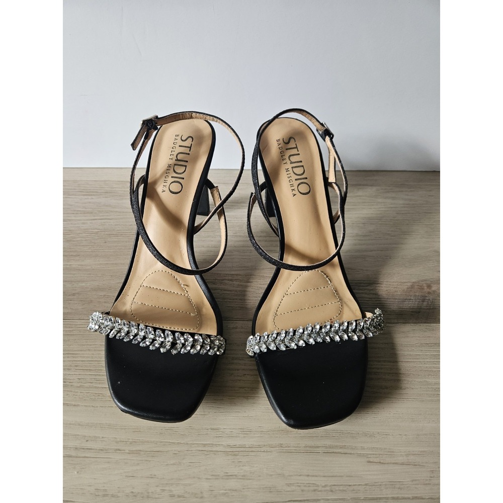 Studio Badgley Mischka Black Crystal Embellished Block Heel Sandals‎ Size 8.5
